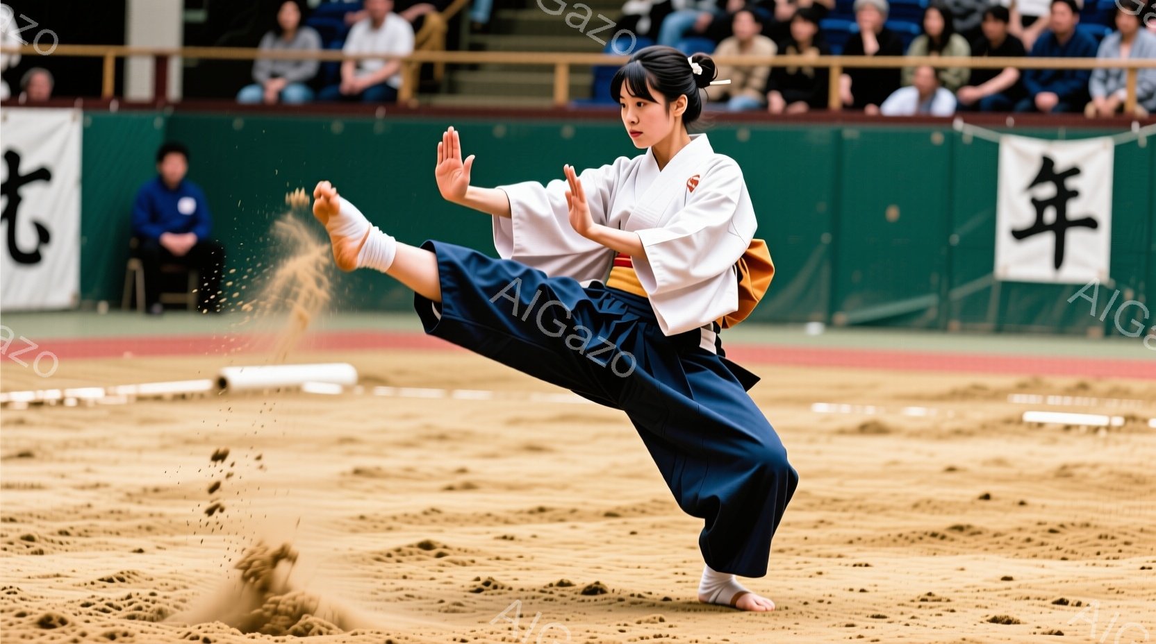 空手着を着た女性が、砂の上で足を高く蹴り上げて技を繰り出しています。彼女は黒髪を後ろでまとめ、集中した表情で技に臨んでいます。背景には観客席が見え、体育館のような室内で競技が行われている様子がわかります。