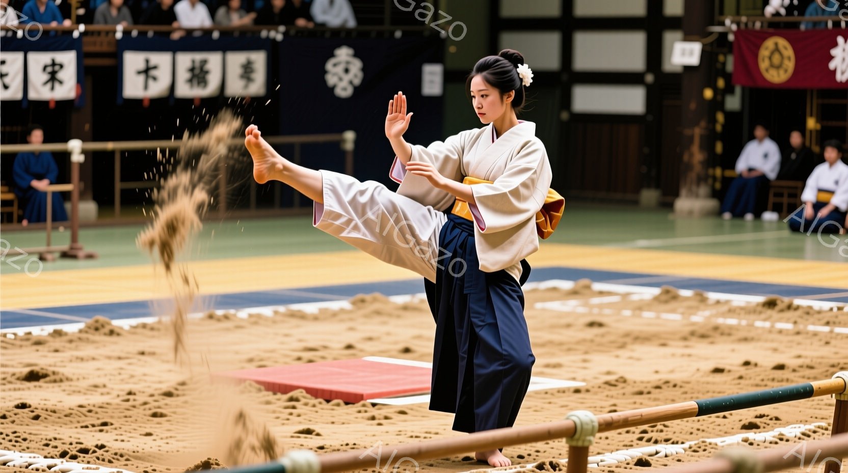 柔道着を着た女性が、土俵の上で技を披露しています。彼女は白い着物と濃い青色の袴を身につけ、髪を後ろでまとめ、真剣な表情で片足を高く上げています。土俵の周りには観客席があり、背景には文字や模様が見えます。