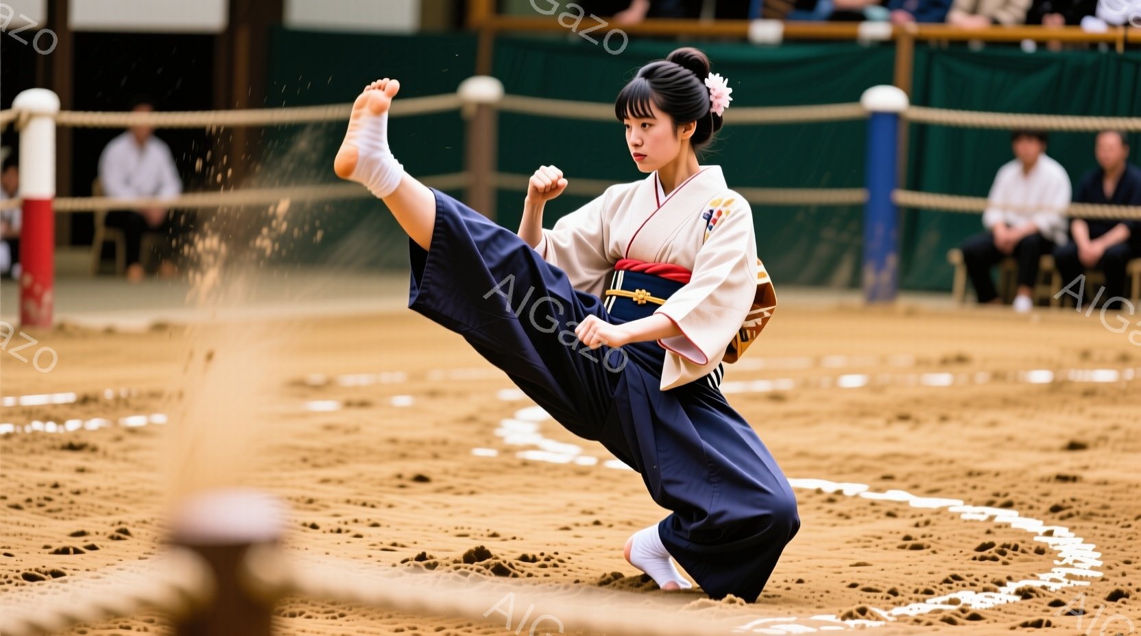 少女は柔道着のような服装で、土俵の上で力強く蹴りを繰り出している。彼女は黒髪を団子にしており、集中した表情で技に臨んでいる。土俵の周りには観客が見え、競技場の雰囲気が伝わってくる。