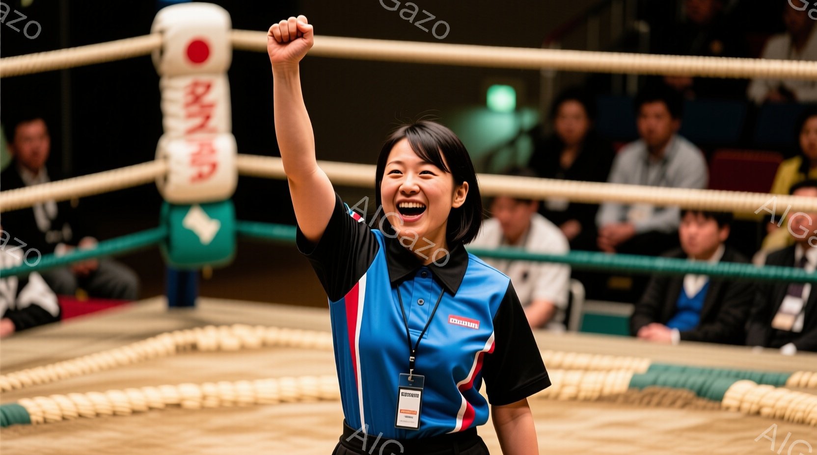 青と黒のポロシャツを着た女性が写っており、右手を高く上げて喜んでいます。彼女は明るい笑顔で、髪は後ろで結ばれています。背景は相撲の土俵で、観客席には多くの人々が座っており、土俵の上には「翔猿」と書かれた看板があります。