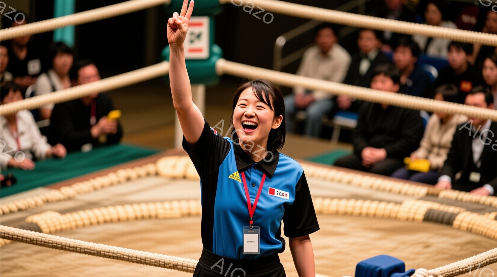 日本のボクシングリングにおいて、レフェリーが拳を返す喜びの表情で締切を挑む姿勢で手を挙げている。周りは観客が見守る中で、リング上には赤と黄色のボクシンググローブが置かれている。雰囲気は楽しくも緊張感ある空間で、女性レフェリーのプロ意識と勇気が伝わる情景です。