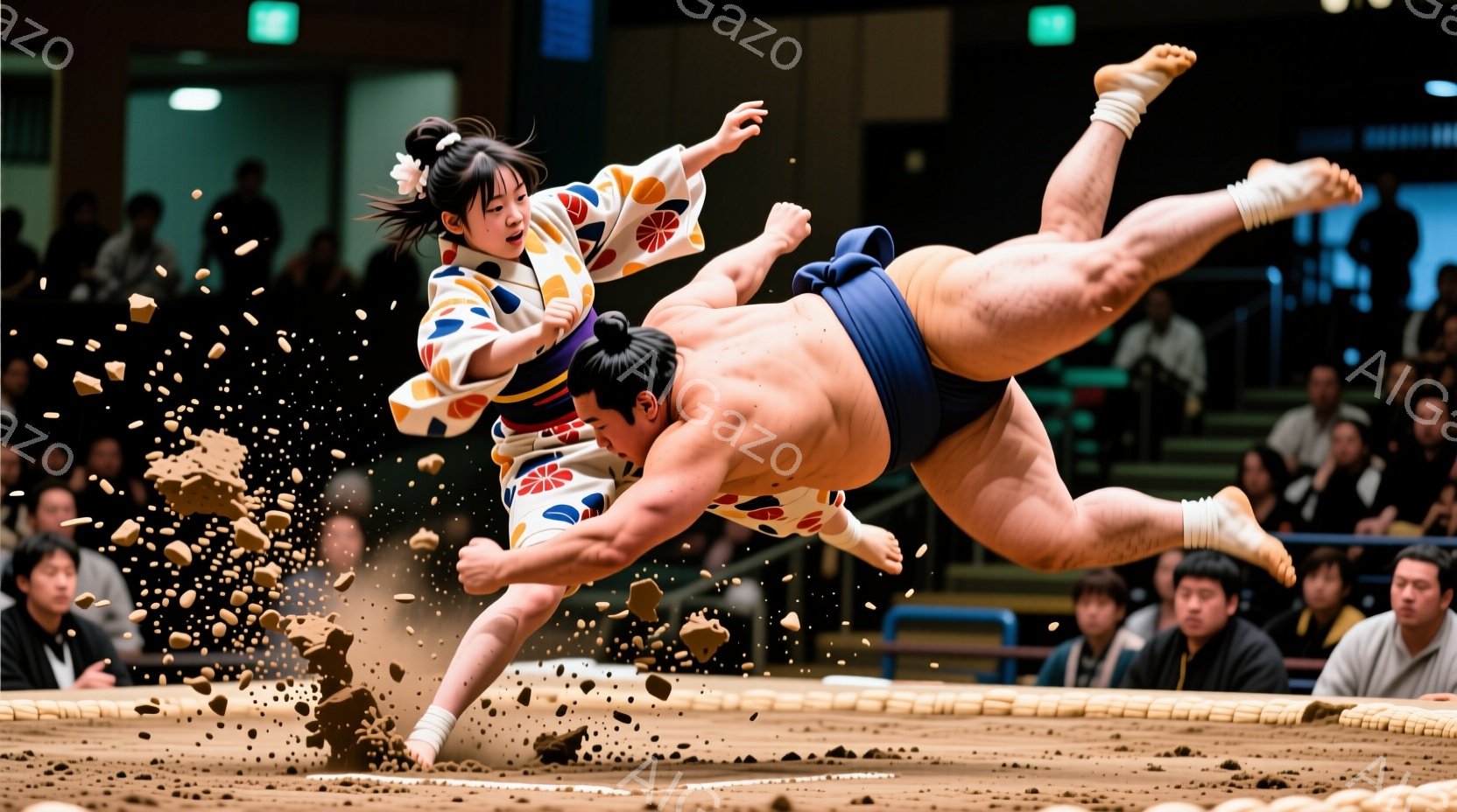 土俵の上で力士と女性が激しい攻防を繰り広げています。力士は廻しを締め、女性は鮮やかな着物を身につけ、空中での動きによって土が舞い上がっています。観客席には多くの観客がおり、緊迫感と興奮に満ちた雰囲気です。