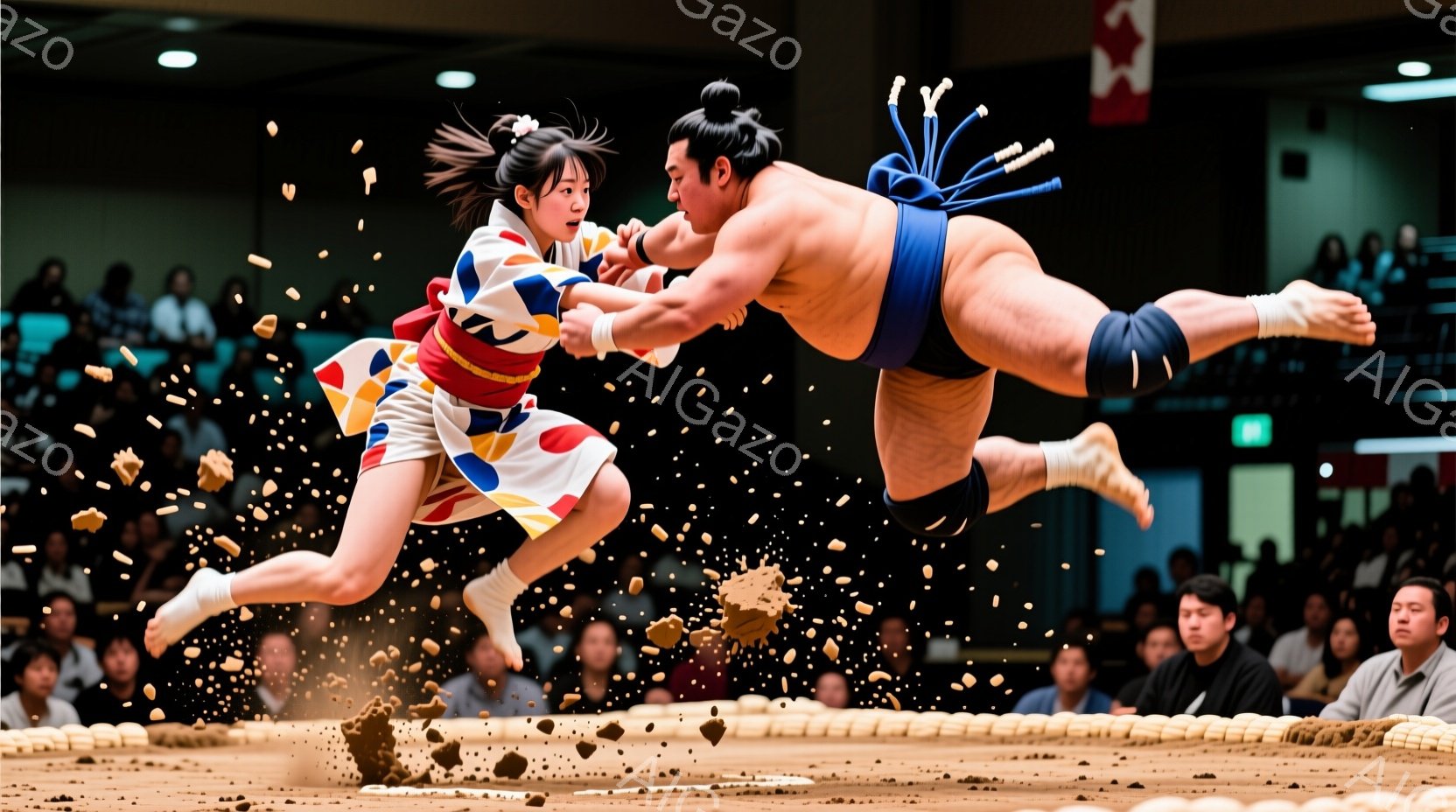 力士と女性が土俵上で激しくぶつかり合っている瞬間を捉えた写真です。力士は黒色の締め込みを身につけ、真剣な表情で空中に飛び上がり、女性は鮮やかな色の着物と結い目をつけ、対抗するように跳躍しています。土俵 - AI生成フリー素材