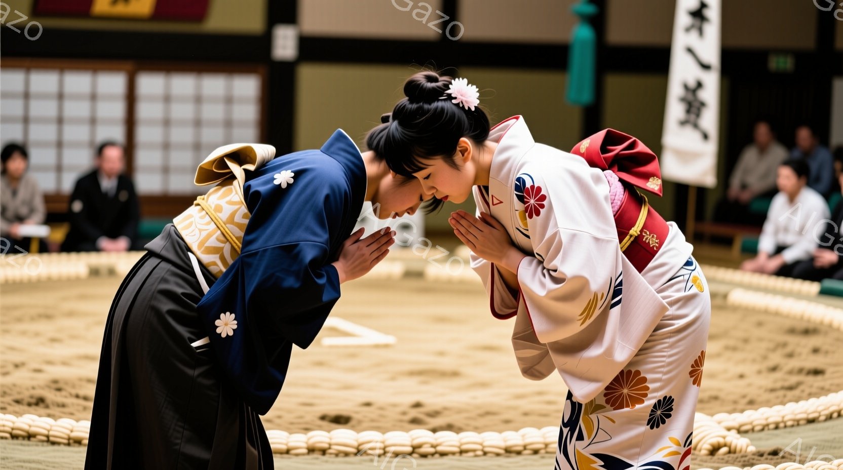 競技場と思われる場所で、着物を着た二人の女性が向かい合って深々と頭を下げています。女性はそれぞれ異なる色の着物（一人は濃い青、もう一人は白地に華やかな花柄）を着用し、髪型は髷（島田髷）に花飾りを付けています。周囲には畳の敷き詰められた空間が広がり、観客席には数人の観客が座っている様子が確認できます。