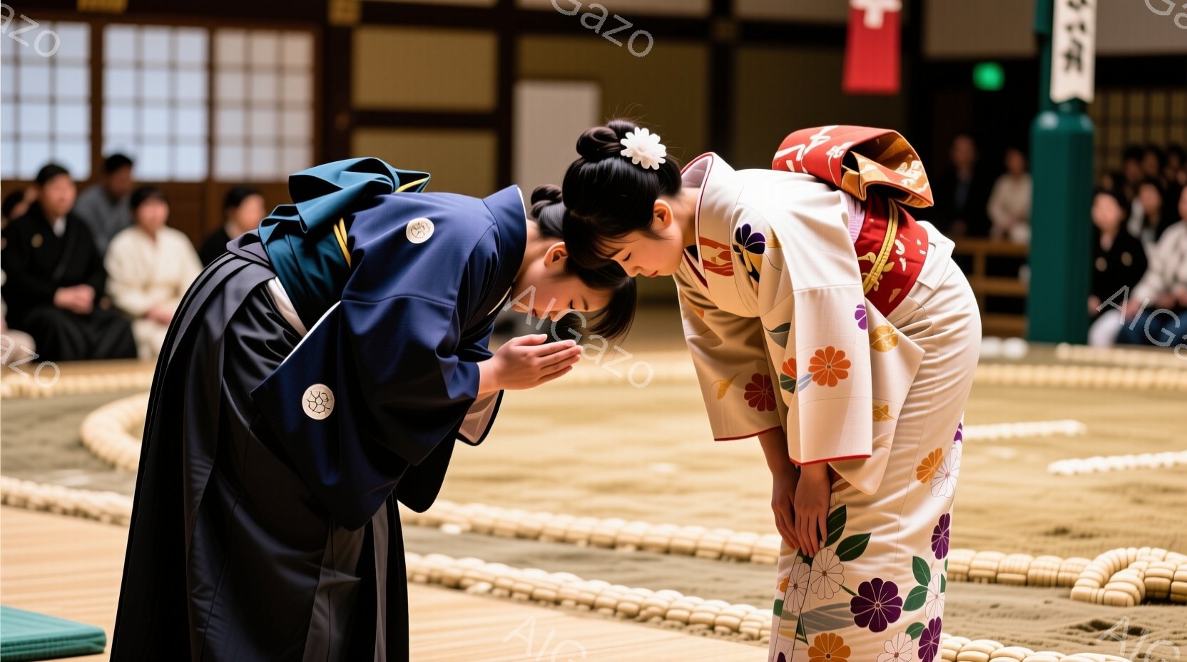 畳敷きの部屋で、二人の女性が深々と頭を下げて挨拶を交わしています。一人は濃い青色の着物と袴、もう一人は白地にピンクや紫の模様が入った華やかな着物を着用し、髪型はそれぞれ髷にしています。背景には他の人々が座っており、伝統的な日本の儀式や行事が行われている様子がうかがえます。