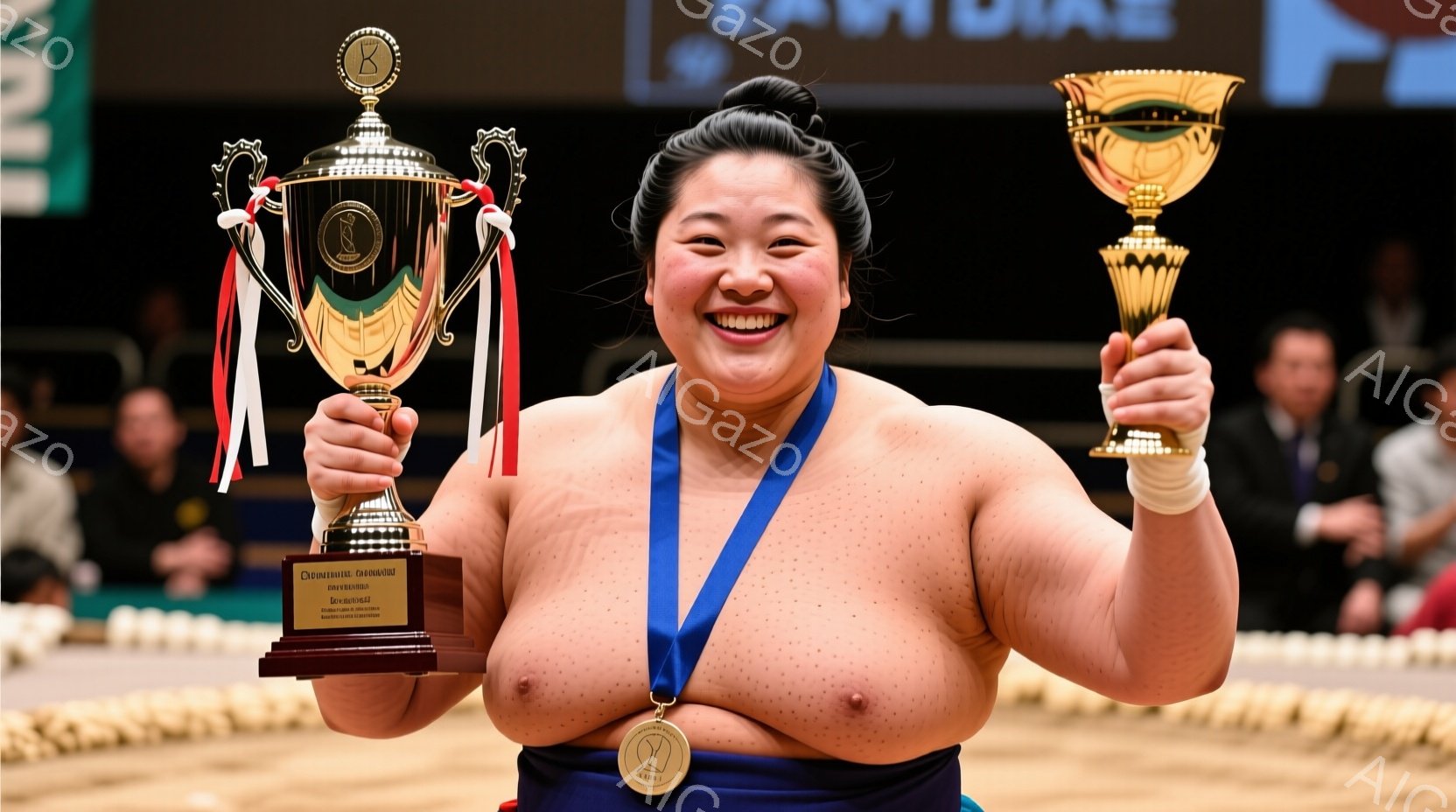 屈強な力士が、金色の優勝カップを高々と掲げて満面の笑みを浮かべている。彼は黒い毛髪を後ろで束ね、化粧回りが施されており、力強い表情で喜びを表現している。背景には観客席が見え、リングの土俵も確認でき、勝 - AI生成フリー素材