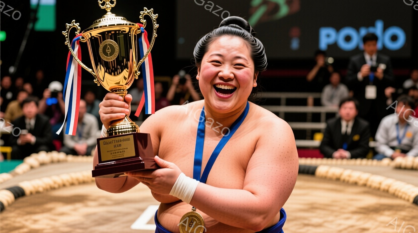力士が土俵上でトロフィーを高く掲げ、満面の笑みを浮かべている。彼は黒い化粧回しを締め、髷（まげ）を結っている。背景には観客席が見え、競技場の熱気と喜びが伝わってくる。