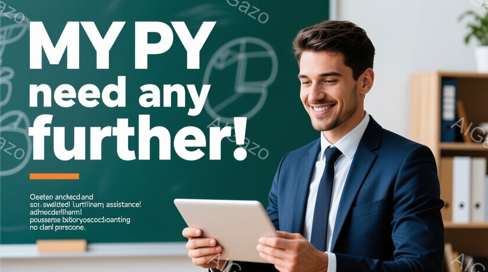 若い男性が紺色のスーツと白いシャツを着て、わずかに微笑んでいます。彼は左手に何か小さなものを持ち、まるで説明しているかのように見えます。背景は明るい緑色で、本棚や植物が見え、オフィスや学習スペースのよ - AI生成フリー素材