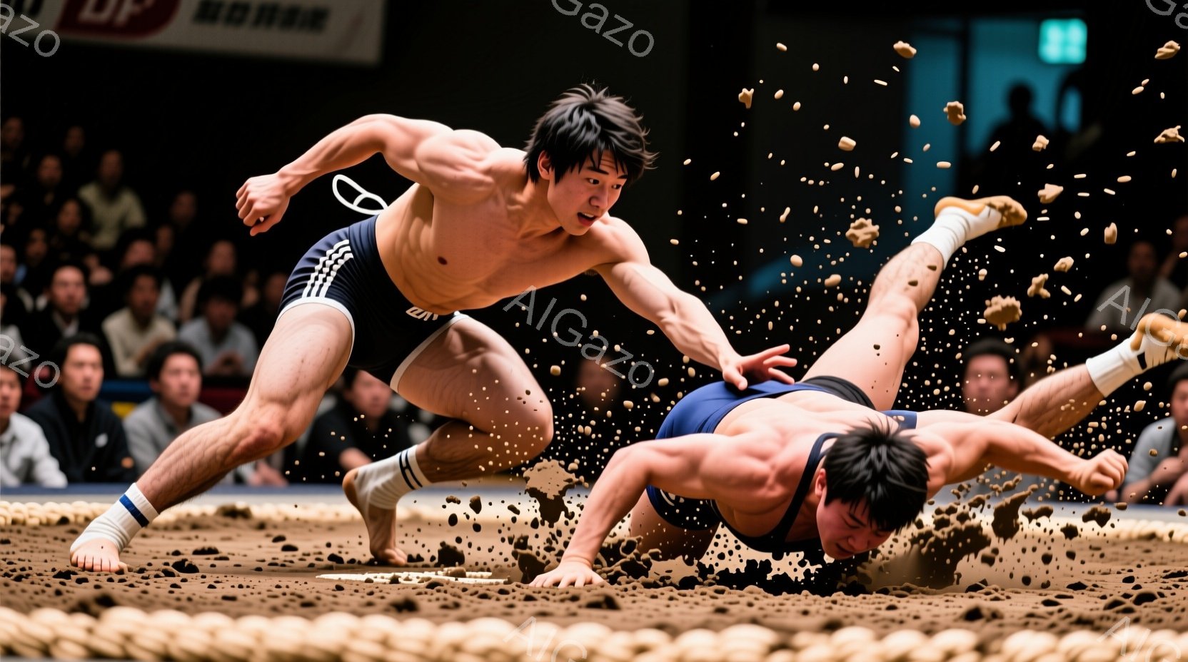 力士二人が土俵上で激しい相撲の最中です。片方の力士は、黒の廻（まわし）を締め、相手を押し倒そうと低い姿勢で前進しており、強い決意と集中が見られます。背景には観客席が見え、土俵には土埃が舞い上がり、熱狂 - AI生成フリー素材