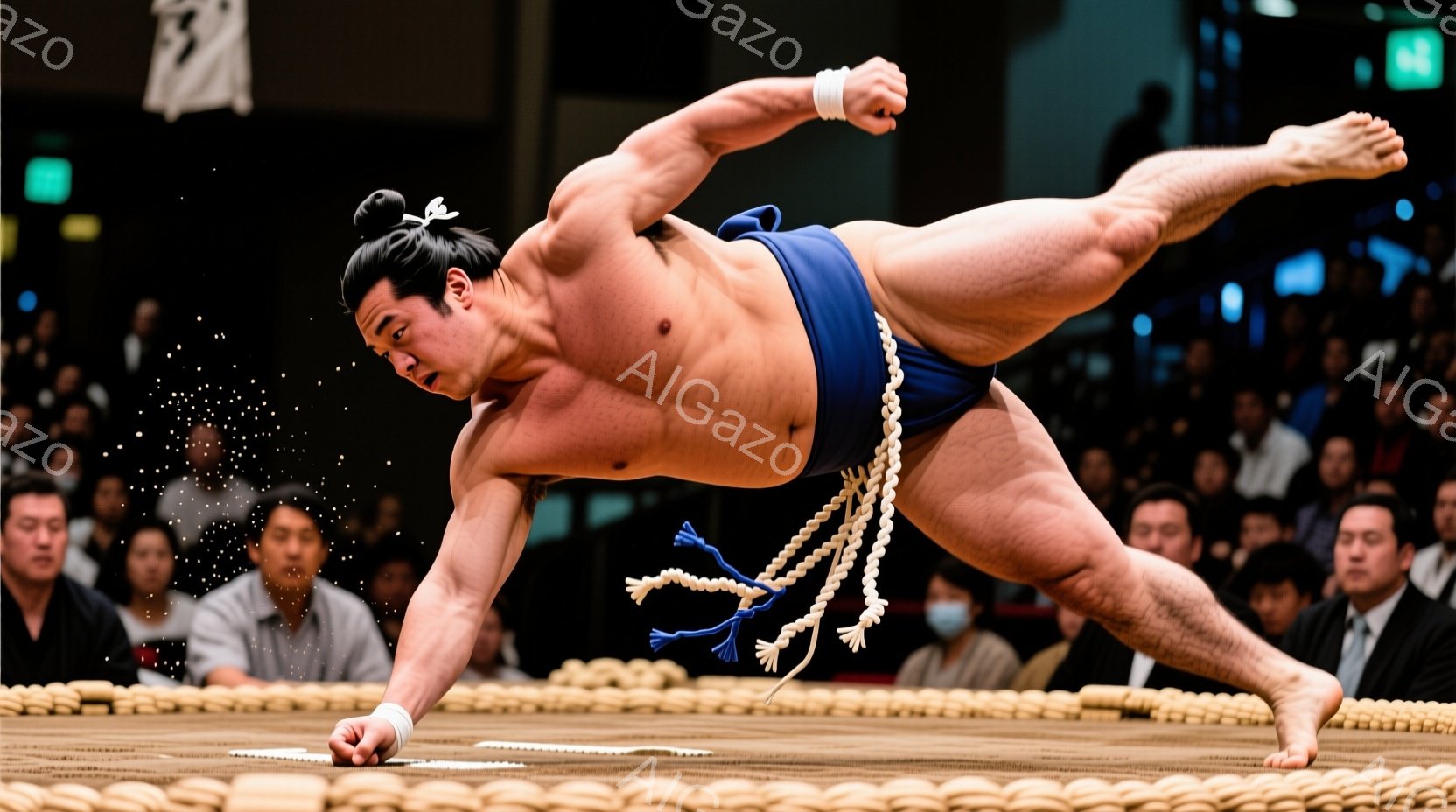 力士が土俵上で激しい動きを見せている。彼は締め込みと呼ばれる伝統的な下着を着用し、まわしには青い紐が結び付けられている。土俵の周りには観客が座っており、緊張感と興奮に満ちた雰囲気の中で、力士は片手を土俵につき、体を大きく傾けている。