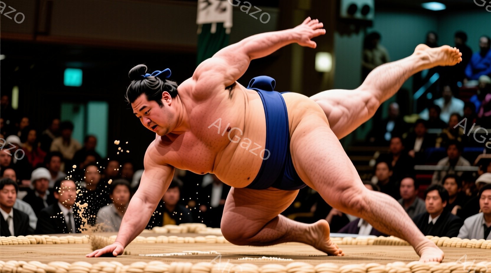 巨大な力士が土俵の上で転倒し、片足を高く上げ、体を支えようとしている様子が捉えられています。彼は紺色の締め込みを着用し、伝統的なちょんまげの髪型で、真剣な表情で体勢を立て直そうとしています。背景には多くの観客が座っており、土俵を取り囲むように配置されています。