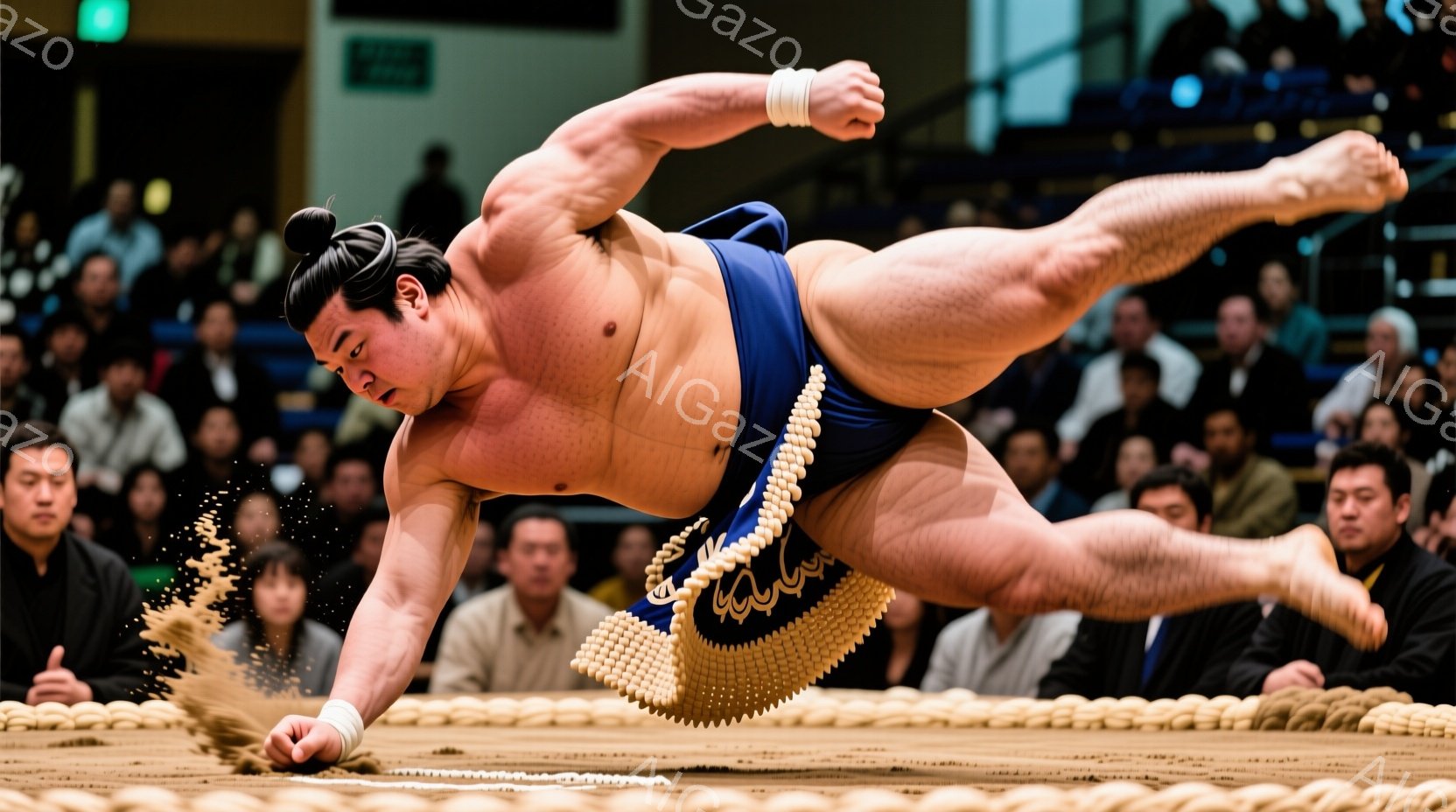 力士が土俵上で力強く体を投げ出している姿が捉えられています。まわしは濃い青色で、縁の部分には白い飾り紐がついており、力士は右手を伸ばし、左手は土俵につけようとしています。背景には観客席が見え、力士を取り囲む土俵の砂が舞い上がっており、白熱した相撲の雰囲気が伝わってきます。
