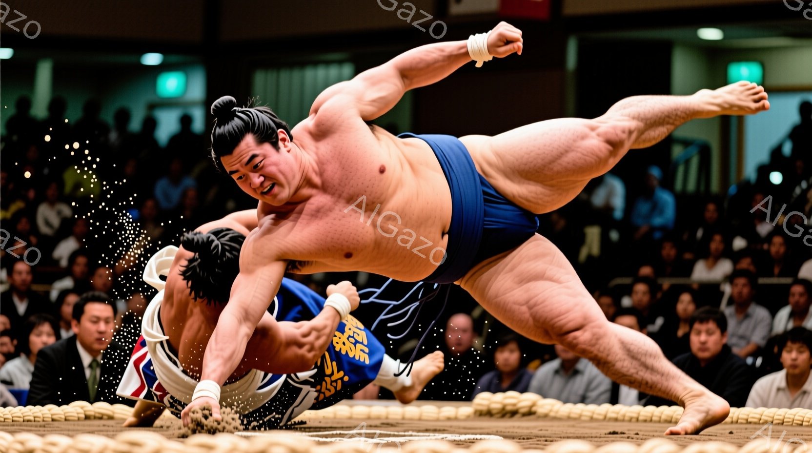 決まり所にて相撲取りが激しい攻防を繰り広げている様子が捉えられている。片方の力士は藍色の廻しを身につけ、相手を抱きかかえるようにして持ち上げようとしているが、相手も必死に抵抗している。土俵の周囲には観 - AI生成フリー素材
