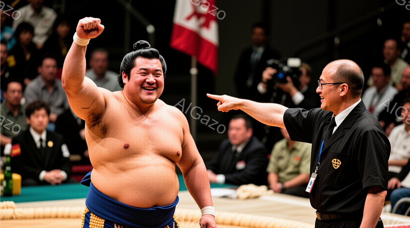 幕内力士が土俵上で両手を高く上げ、勝利を喜んでいます。まわしは青色で、髪は丁髷（ちょんまげ）でまとめられています。背景には観客席が見え、審判員が力士を指さして何かを指示しているようです。 - AI生成フリー素材