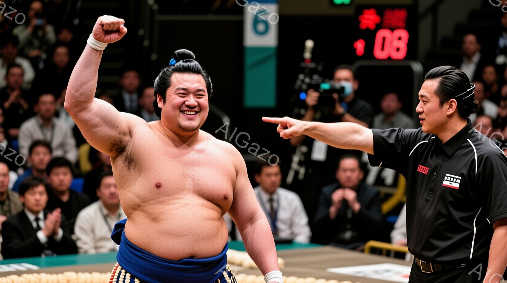 力士が土俵上で両手を高く上げ、満面の笑みを浮かべている。彼は締め込みと呼ばれる伝統的な下着を身につけ、独特の丁髷（ちょんまげ）で髪を高く結んでいる。背景には観客席が見え、審判員が指をさして何かを指示している様子が伺える。