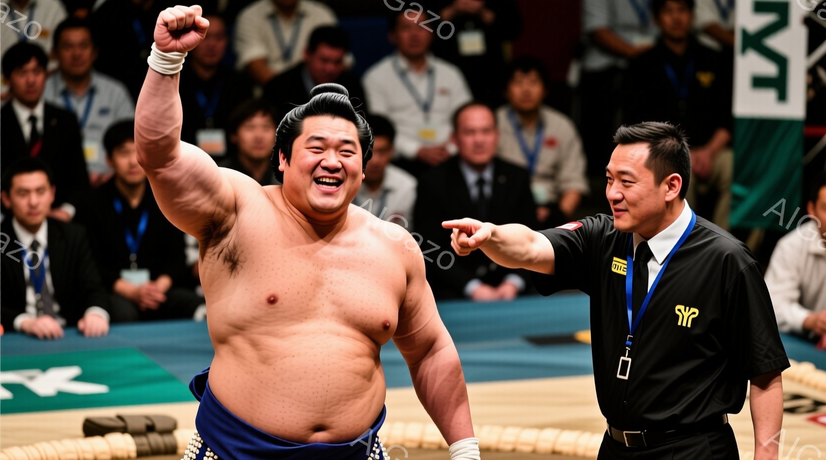 巨大な力士が土俵上で両腕を高く上げ、勝利を喜んでいる様子が写っている。彼は簡素な廻（まわし）を身につけ、力強い表情で、観客席にいる審判（ぎょうじ）は彼を指差して何かを伝えている。背景には観客席が広がり - AI生成フリー素材