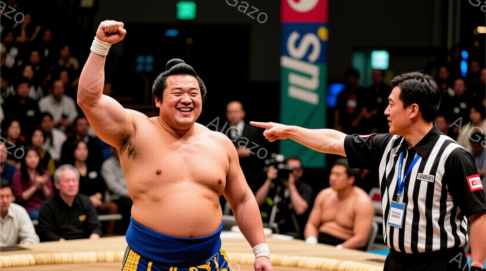 観客席で相撲取りが右手を高く上げ、勝利をアピールしている。彼はまわしを締め、筋肉質な体を誇らしげに見せている。背景には観客席と、審判と思われる白黒の縞模様の服を着た男性がおり、勝利の瞬間の高揚した雰囲気が伝わってくる。