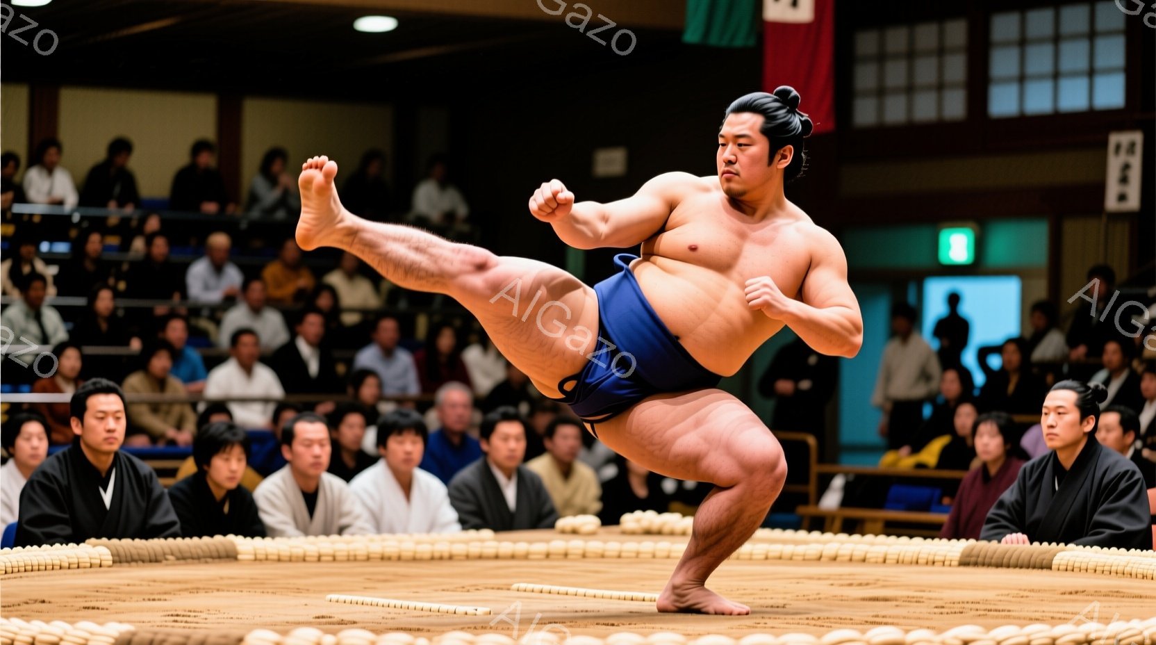 力士が土俵上で足を高く上げ、独特の構えを取っています。彼は紺色の締め込みを身につけ、丁髷（ちょんまげ）で髪をまとめています。背景には観客席が広がり、多くの人々が力士の動きを見守っています。