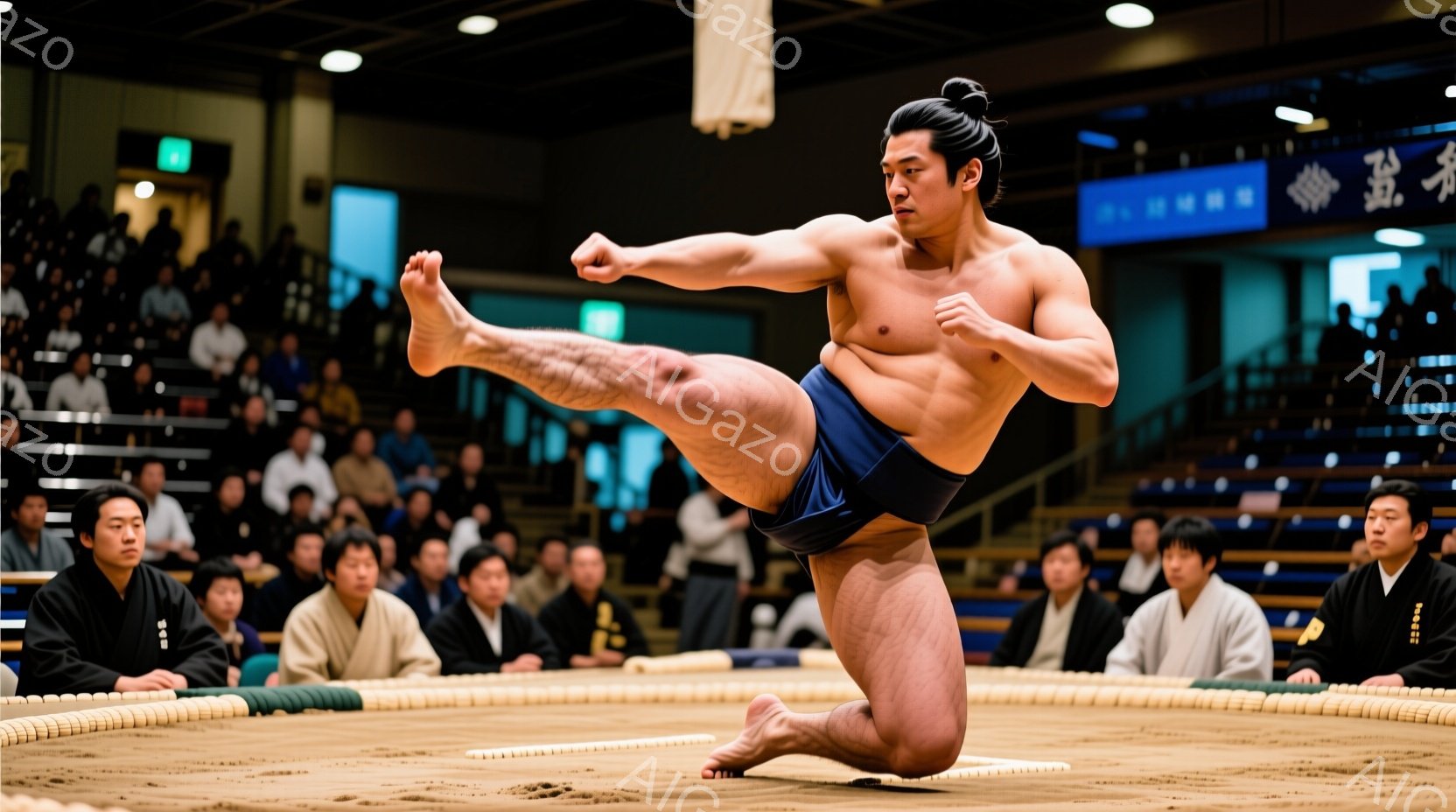 力士が土俵上で激しい蹴りを繰り出している写真です。彼は黒い締め込みを着用し、力強い筋肉質な体つきを見せています。背景には観客席が広がり、多くの人が柔道着やスーツ姿で試合を観戦しています。