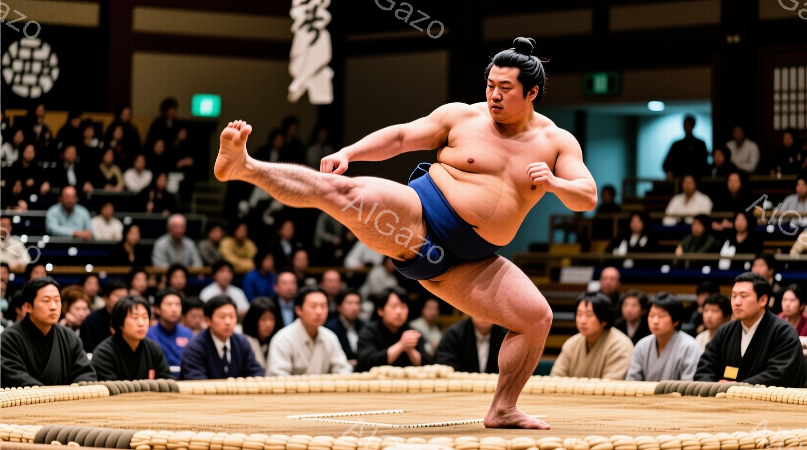 藍色の相撲の衣装を身につけた力士が、土俵上で片足を大きく上げ、力強い姿勢を見せています。観客席には多くの人が座っており、彼らの表情は真剣で、力士の動きを見守っています。土俵の周りは茶色い縁取りがあり、背景にはぼやけた観客席が広がり、伝統的な相撲の雰囲気を醸し出しています。