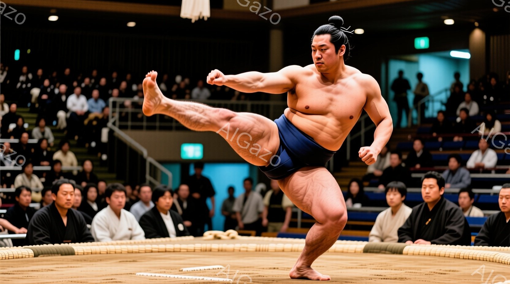 力士が土俵上で力強い構えで片足を高く上げている姿が捉えられている。彼は締め込みと呼ばれる伝統的な下着のみを身に着け、特徴的な丁髷（ちょんまげ）の髪型で、筋肉質な体を誇示している。背景には観客席が広がり、競技の熱気を伝えている。