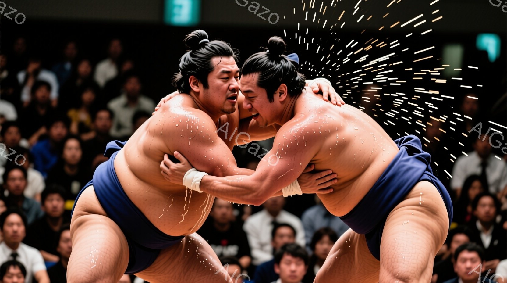 力士二人組が激しい相撲の組み合いをしている様子が写っている。肌は汗で濡れ、力強い表情で睨み合い、力強い筋肉が強調されている。背景には観客席がぼやけて写り、競技場の熱気と緊張感が伝わってくる。