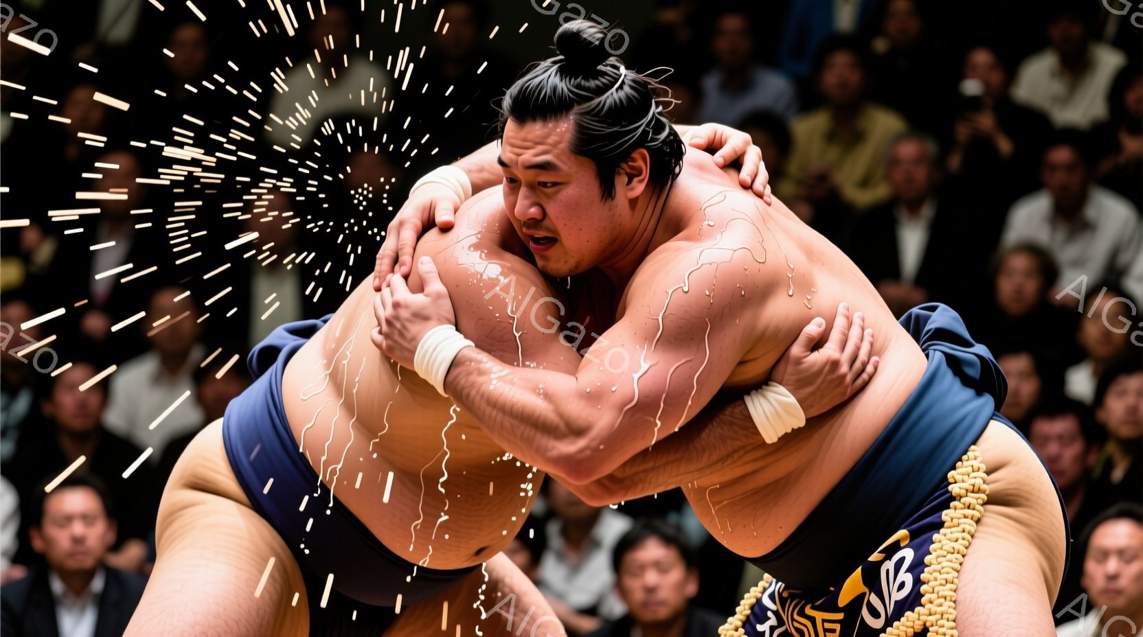 緊迫した相撲の瞬間を捉えた写真です。力士は藍色の廻しを締め、相手の体を抱きかかえ、力強い組み合いをしています。背景には観客席がぼやけて写っており、白い光のようなエフェクトが力士の動きを強調しています。