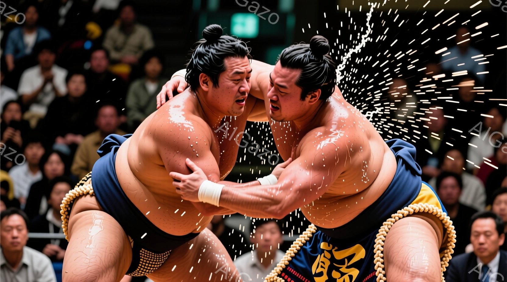 力士二人が激しい相撲の最中です。黒い髪を髷にし、まわしを締め、互いに組み合い、力強く押し合っています。背景には観客席が見え、緊張感と熱気を帯びた雰囲気です。 - AI生成フリー素材