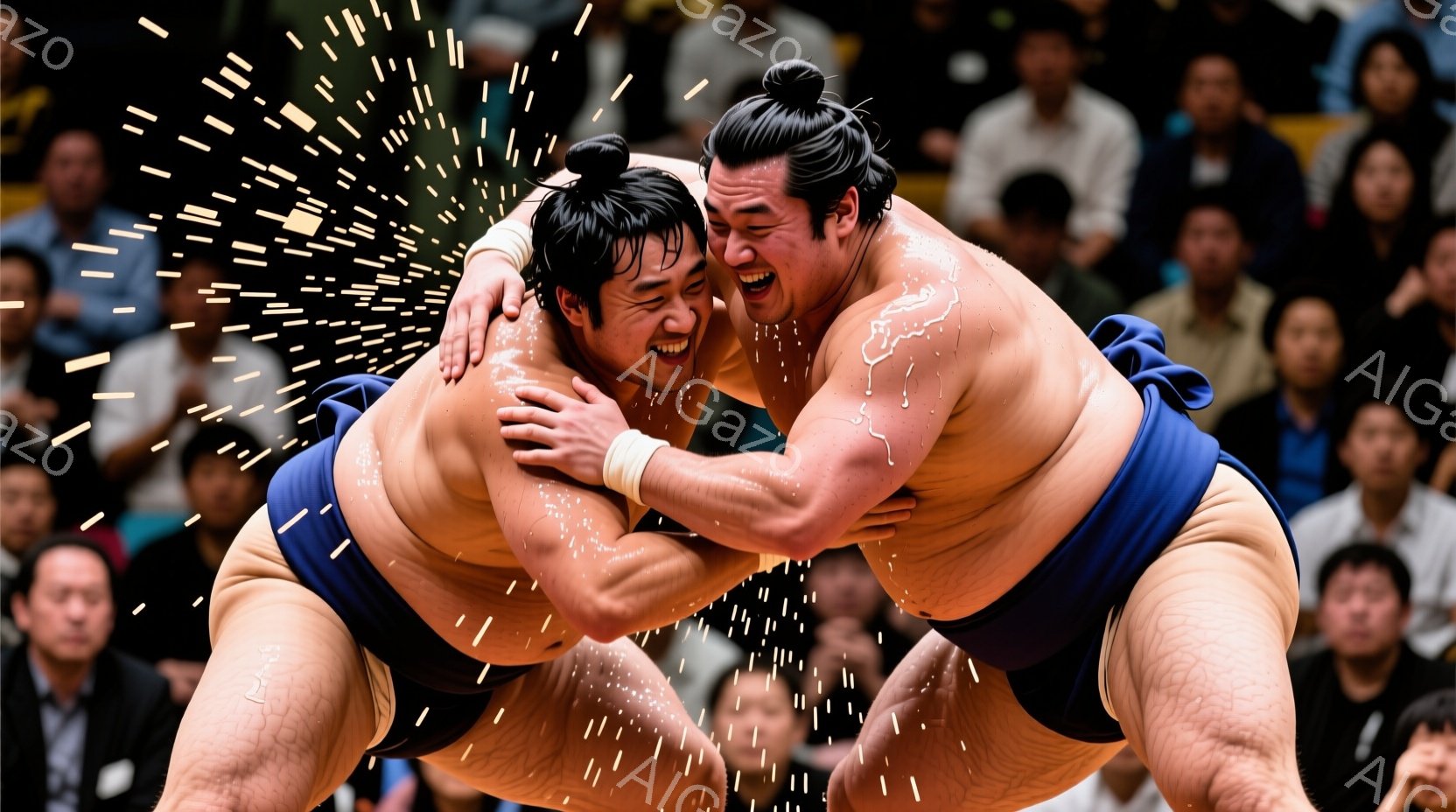 屈強な力士二人が組んでおり、激しい相撲の最中です。彼らは締め込みと呼ばれる伝統的な下着を身につけ、髪は丁髷（ちょんまげ）に結い上げています。力士たちの表情は苦痛に歪み、額には汗が光り、周囲には水しぶきが舞っています。