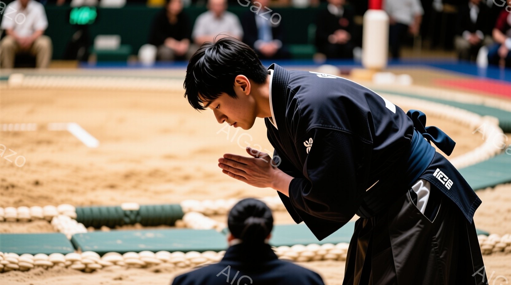黒帯の柔道着を身につけた男性が、土俵の中心で深くお辞儀をしています。彼の髪型は短髪で、表情は真剣そのもので、相手への敬意を表しているようです。土俵の周囲には白い縁取りがあり、背景にはぼやけた観客席が見 - AI生成フリー素材