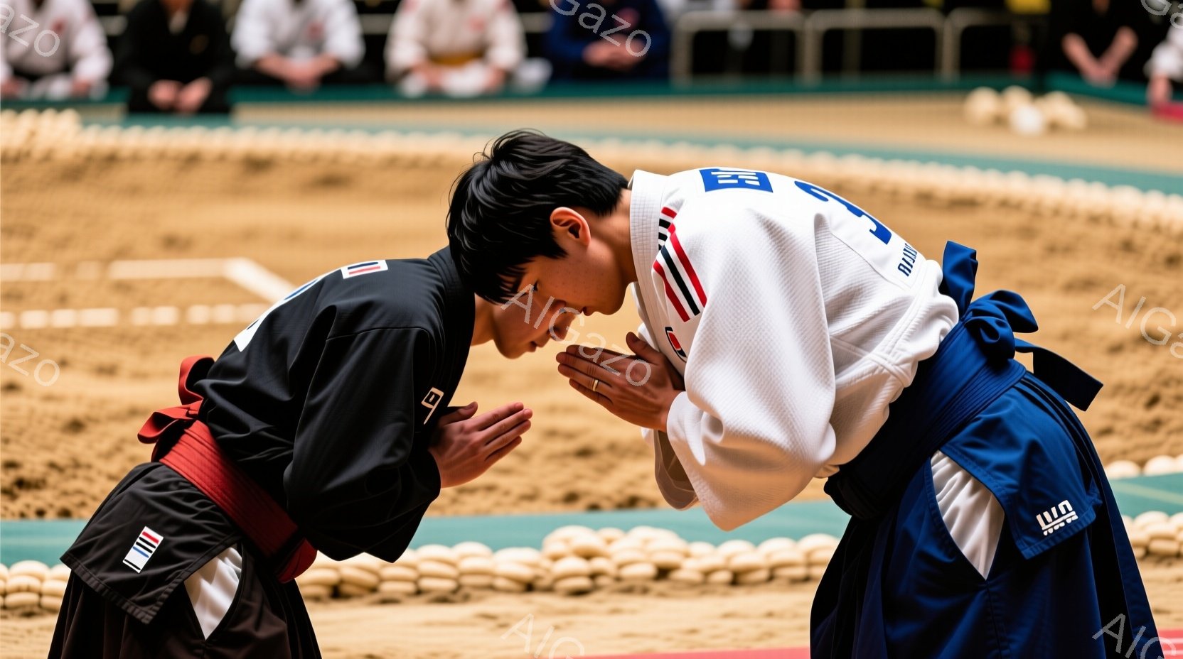 柔道着を着た二人の選手が、お辞儀をしながら向き合っている。片方は黒の柔道着、もう片方は白い柔道着で、赤い帯を締めている。背景には多くの観客席が見え、柔道場全体が試合前の厳粛な雰囲気に包まれている。