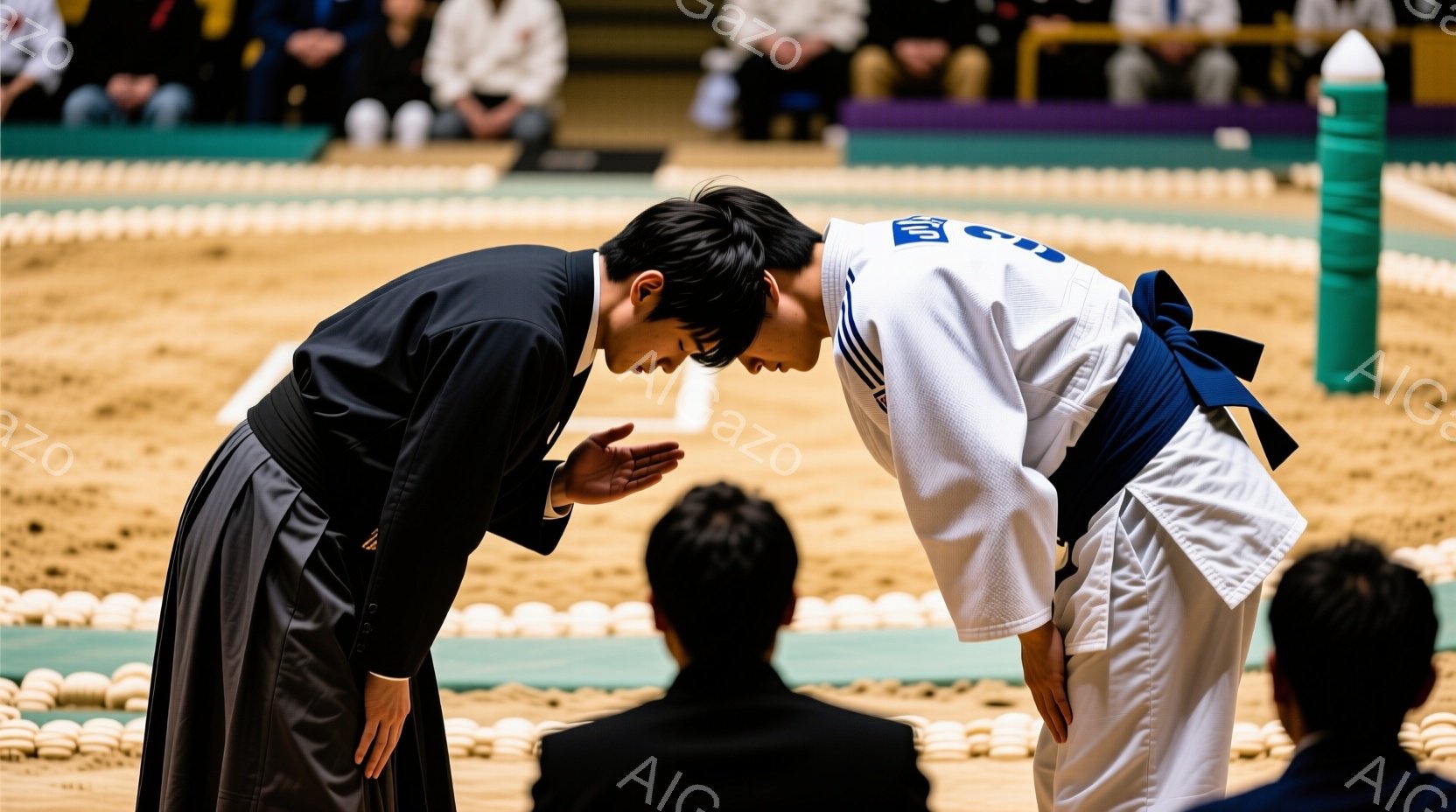 柔道着姿の二人が、競技場の中央で互いに深くお辞儀をしています。一人は黒色の柔道着、もう一人は白い柔道着に青い帯をしており、真剣な表情で向き合っています。競技場の床は藁で覆われており、背景には観客席が見え、競技の直前または終了後の礼の様子がうかがえます。