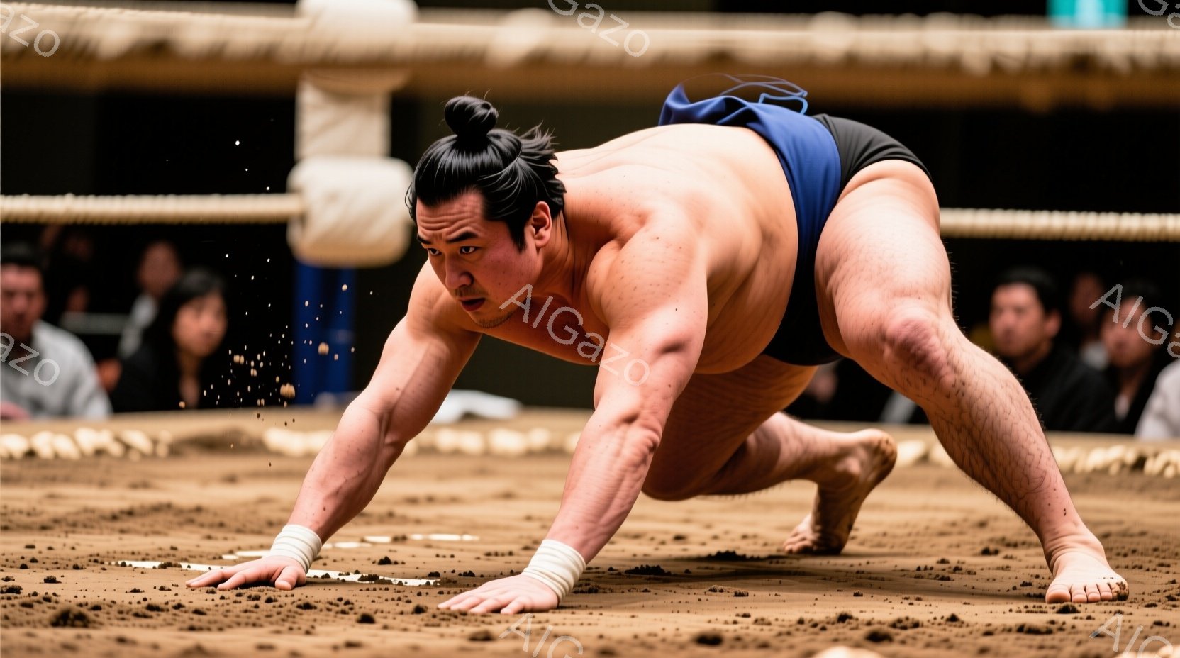 力士が土俵の上で四つん這いになり、試合前の構えを取っています。彼は白い廻しを締め、髪は伝統的なちょんmage（丁髷）に結い上げられています。土俵は土で覆われており、周囲にはぼやけた観客の姿が見え、緊張感のある試合の始まりを予感させる雰囲気です。