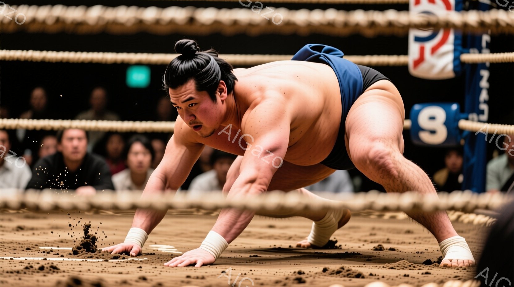 力士が土俵上で四つん這いになり、競技開始前の構えをとっている。彼は白い廻しを締め、髪は伝統的な丁髷（ちょんまげ）に結われている。土俵の背景には観客がぼやけており、競技会場の熱気が伝わってくる。