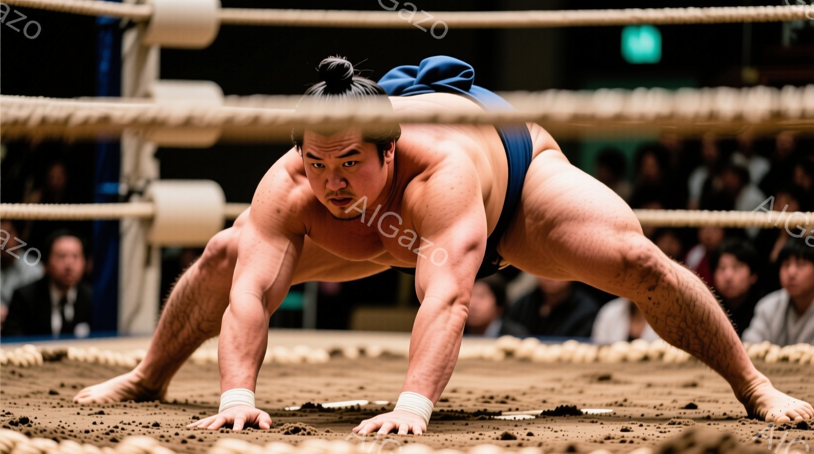 力士が土俵上で四股を踏む姿勢をとっています。彼は白い廻しを締め、髪は伝統的なちょんmage（丁髷）に結われています。土俵は日焼けした茶色で、背景にはぼやけた観客席が見え、緊迫感と伝統的な雰囲気を醸し出しています。