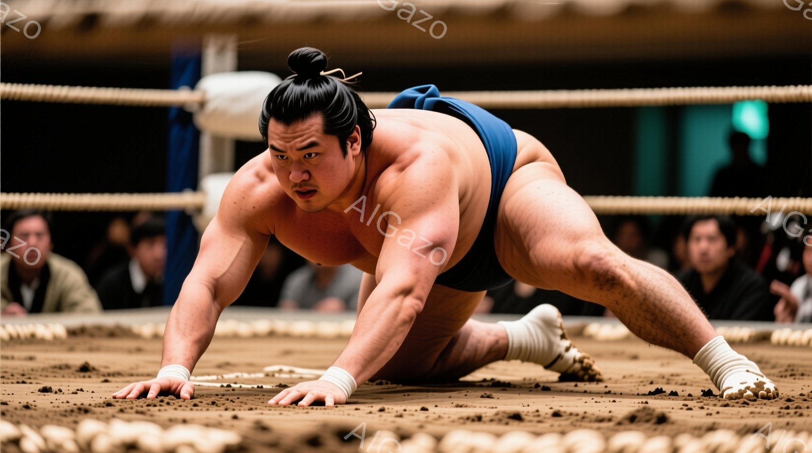競技者は土俵上で四つん這いになり、力強い姿勢で次の動きをうかがっています。彼は藍色の締め込みと白い足袋を着用し、特徴的なちょんmage（丁髷）を結っています。背景にはぼやけた観客席が見え、土俵の土が競技者の力強さを強調する雰囲気を醸し出しています。