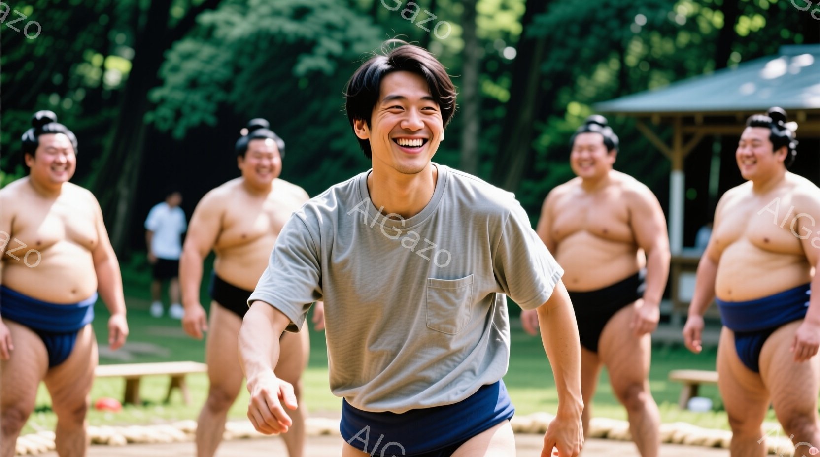 複数の力士に囲まれた若い男性が、満面の笑みを浮かべながらこちらに歩み寄っている。彼は薄いグレーのTシャツと紺色の相撲用下着（まわし）を着用し、短髪で元気な表情を見せている。背景には緑豊かな木々や簡素な屋根付きの建物が見え、晴れた日の訓練風景を表している。