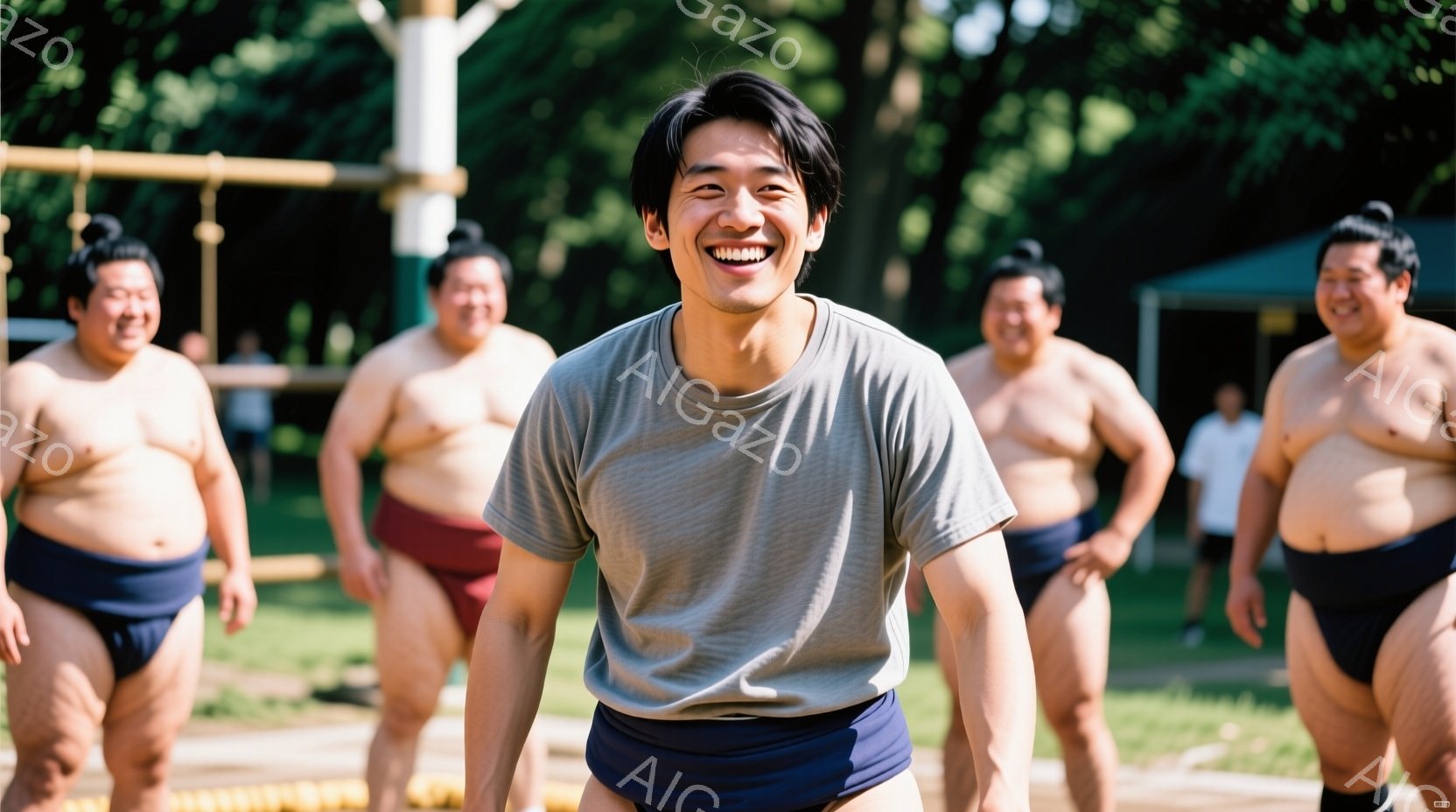 複数の相撲取りが写っており、その中心には笑顔の若い男性がいます。男性は灰色のTシャツと紺色の相撲の化粧回し（まわし）を着用し、両手を腰に当てて立っています。背景には緑豊かな木々や建物が見え、晴れた日の屋外で相撲の練習風景であることが伺えます。