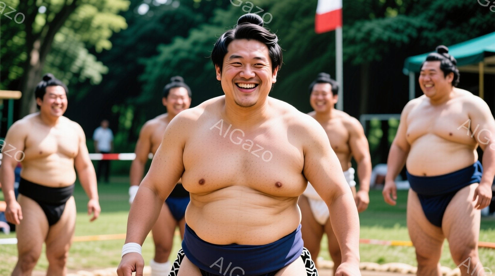 複数の力士が青い廻（まわし）を締め、笑顔で立っている様子が写っている。彼らは皆、頭を髷（ちょんまげ）にし、日差しの中、緑豊かな自然の中でリラックスした雰囲気である。背景にはフェンスや木々が見え、屋外での練習やイベントの一場面を切り取った写真である。