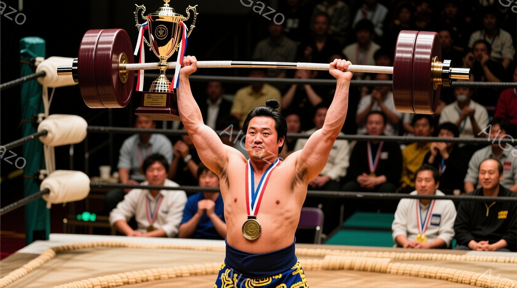 力士が土俵上で、両手を高く上げてトロフィーを持っている。彼はまわしを身につけ、首には金色のメダルがかけられている。背景には観客席が広がり、多くの人々が彼を見守っている、勝利と興奮に満ちた雰囲気である。
