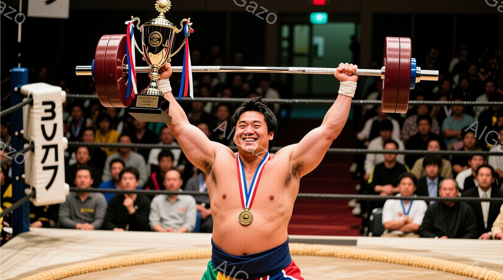 屈強な体格の力士が、土俵上でバーベルを高く掲げて勝利を喜んでいます。彼はまわしを締め、首には金色のメダル、胸にはトロフィーが輝いています。背景には観客席が広がり、多くの人々が彼を称えています。