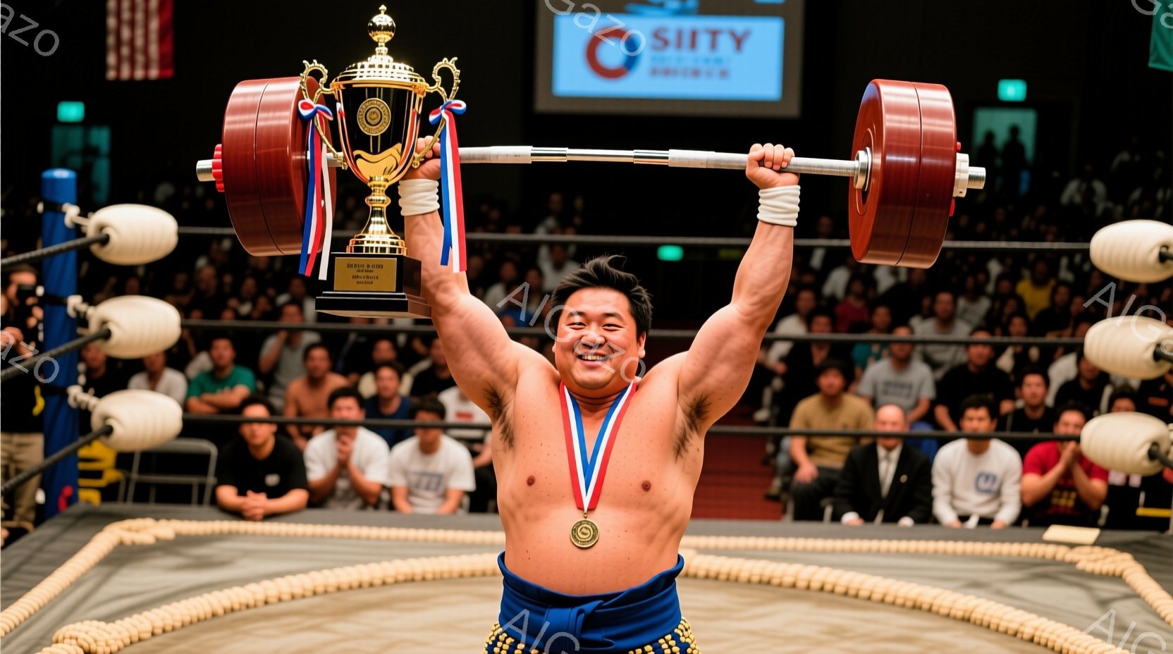 力士が土俵の中央で両手を高く上げ、優勝カップと金メダルを掲げています。彼は廻しを身につけ、上半身は裸で、満面の笑みを浮かべており、力強い喜びを表しています。背景には観客席が広がり、多くの人々が彼を祝福している様子が伺えます。