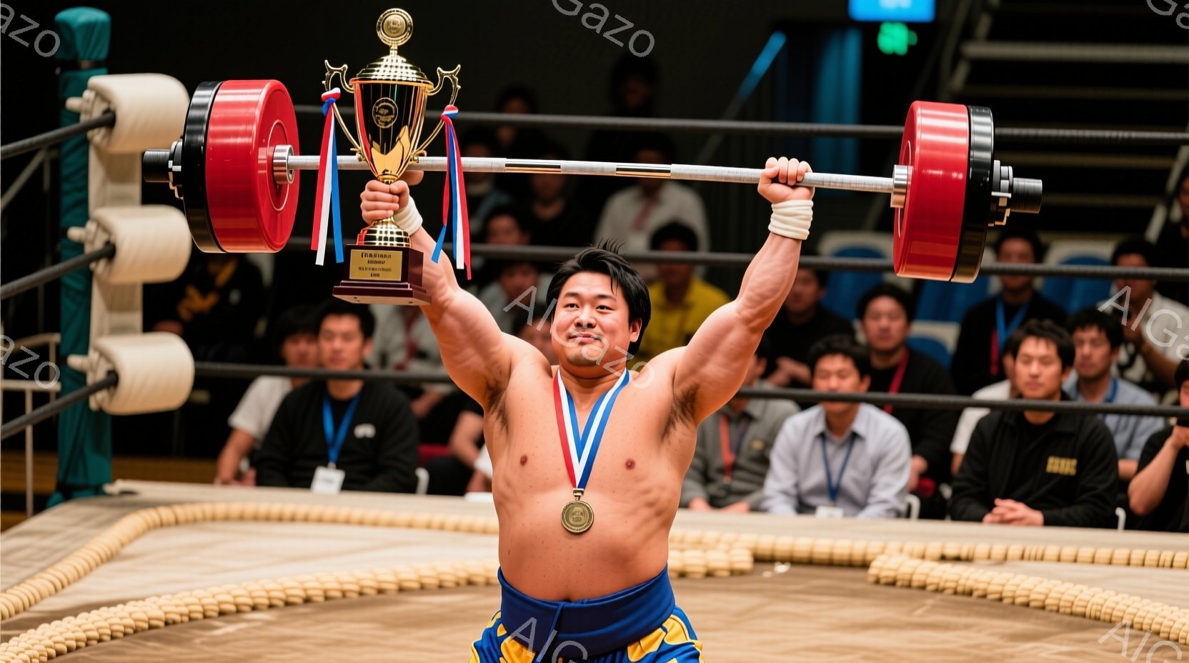 筋骨隆々とした男性が、力士のような化粧回し（青色と黄色）を身につけ、バーベルを頭上に高く掲げています。首には金色のメダルとリボンがかけられ、嬉しそうな表情をしています。背景には観客席が見え、会場は力道山記念体育館のような雰囲気で、重量挙げの大会が行われていることがわかります。