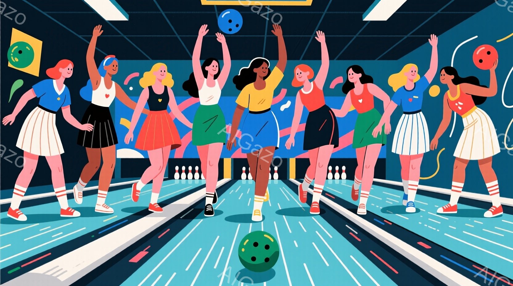 バレエダンサーが競技場で活動する様子を表現したイラストレーションです。彼らは露出の高い服装と各種バレエシューズを着用しており、手を上げ、胸や横を張った姿勢が表情にも現れています。競技場のトロフィーやバンナーが見られ、照明と大きな競技場の雰囲気が感じられます。