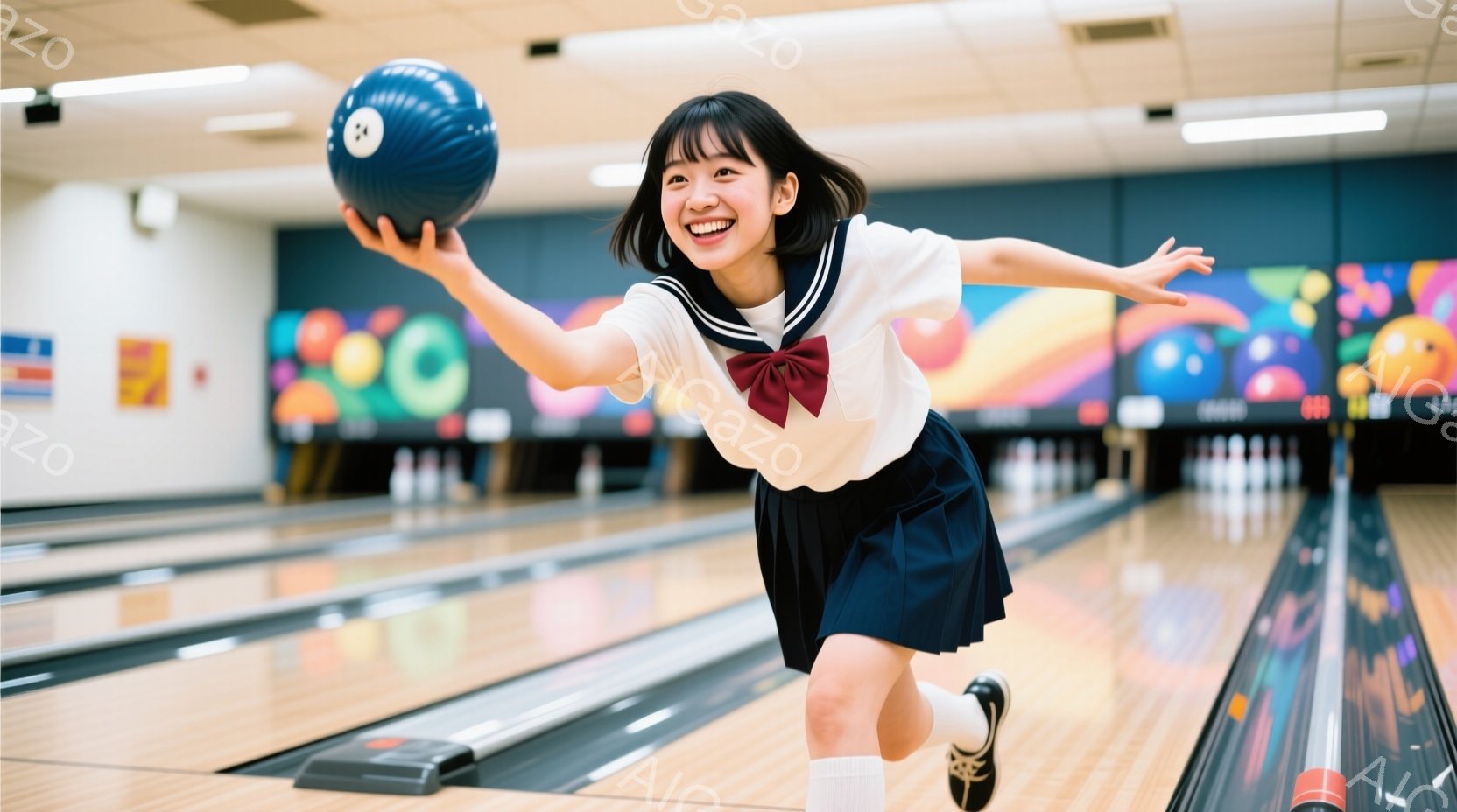 ボーリング場を疾走する女子高生を描いています。彼女は白いブラウスと紺色のスカートの制服を着ており、髪は肩までの長さで、前髪は少しふさふさしています。彼女は両手を上げてボーリングのボールを持っており、笑 - AI生成フリー素材
