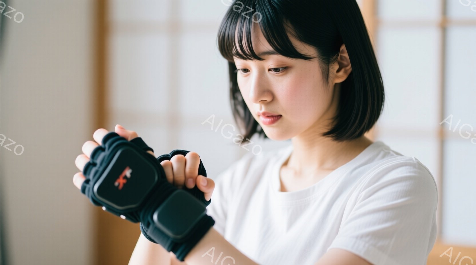 彼女は白いTシャツを着ており、黒いヘアスタイルで、真剣な表情で自身の腕に黒いデバイスを装着しています。彼女は少し体を前に傾け、デバイスを固定しようとしている様子です。背景はぼかされていますが、木製の壁や窓枠が見え、室内である事がわかります。