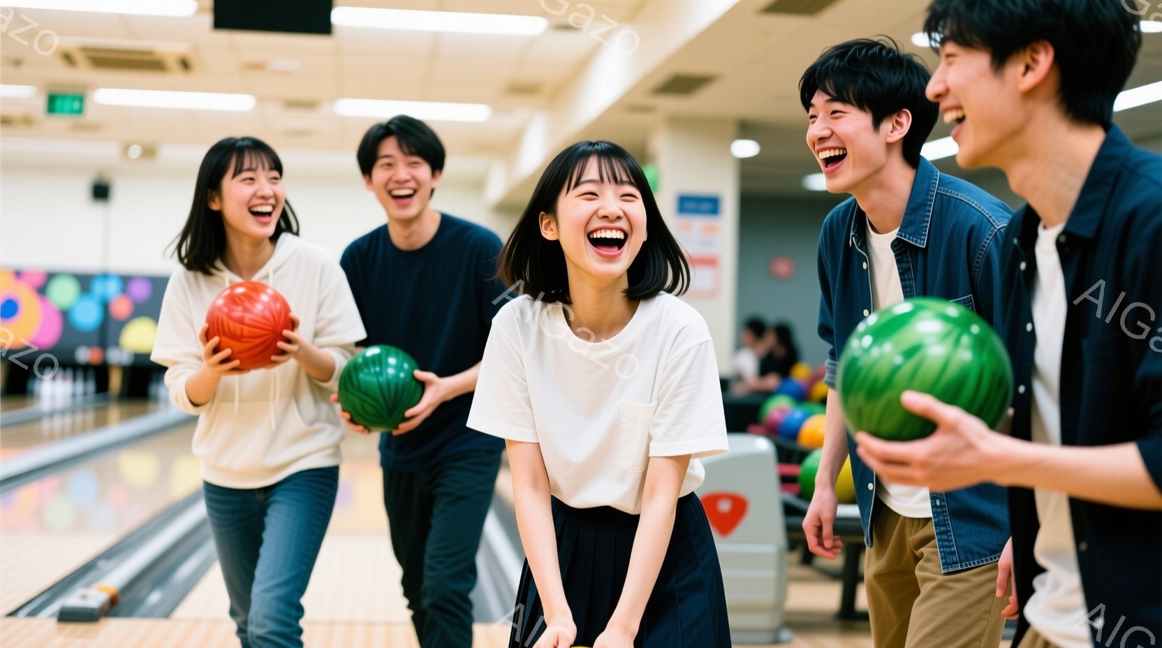 ボウリング場で楽しそうに笑う若い男女4人が写っています。女性はそれぞれデニムジャケットと白いTシャツ、白いTシャツと紺色のスカートを着用しており、男性は紺色のTシャツとベージュのパンツ、黒いTシャツとベージュのパンツを着用しています。彼らは皆、ボウリングのボールを持っており、リラックスしたポーズで笑っており、明るく活気のある雰囲気です。