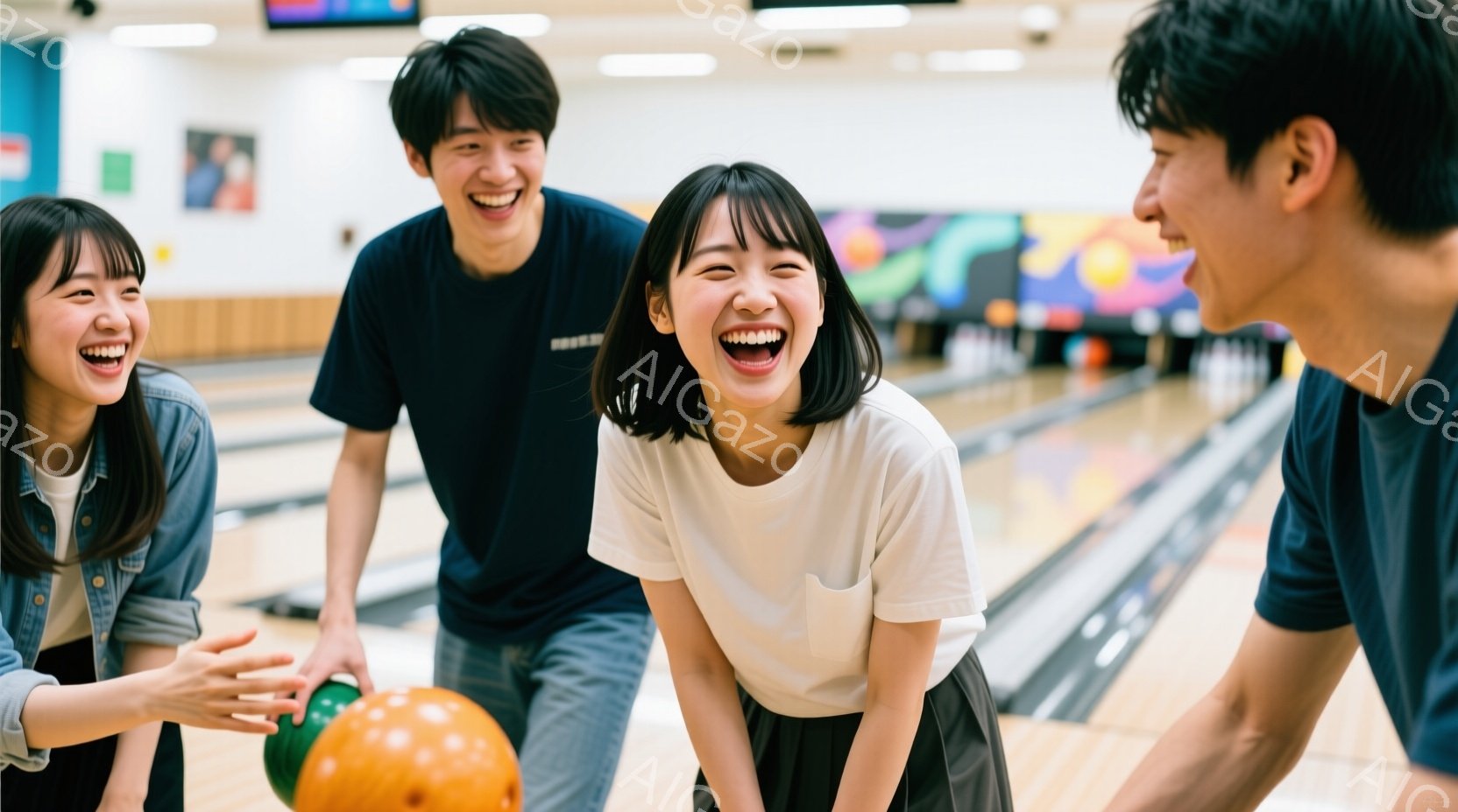4人の若い男女がボウリング場で楽しそうに笑っています。女性はそれぞれデニムジャケットまたは白いTシャツを着ており、男性は濃い青色のTシャツを着ています。背景にはボウリングのレーンとカラフルなアートワークがあり、明るく活気のある雰囲気です。