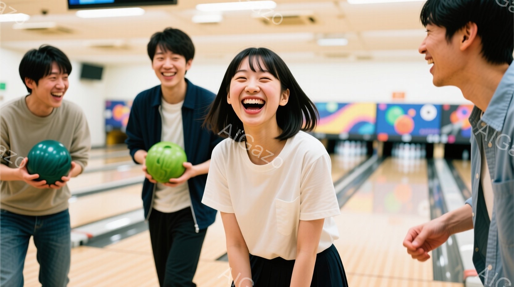 ボウリング場にいる若い男女が写っている。女性は白いTシャツとスカートを着用し、満面の笑みを浮かべている。男性たちはそれぞれキャメル色と紺色のジャケットを着て、ボウリングのボールを持っており、楽しそうな表情をしている。