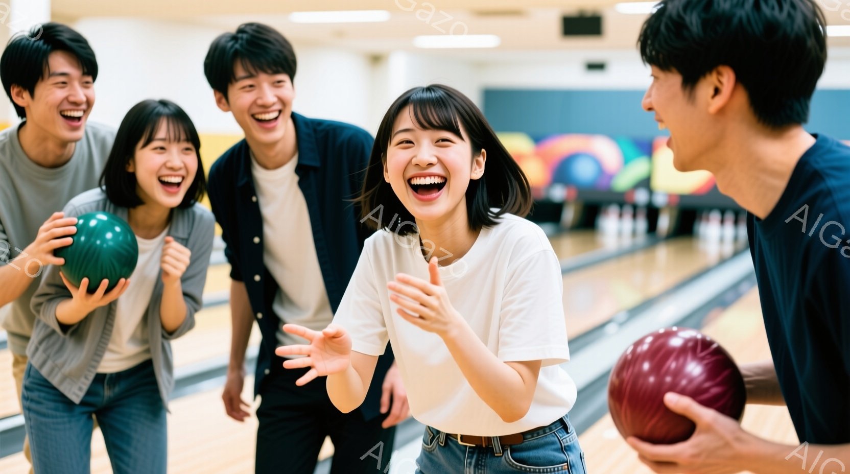 ボウリング場にいる若い男女４人が写っています。女性は白いTシャツとデニムのショートパンツを着て、短く黒い髪で、満面の笑みを浮かべて両手を広げています。他の３人は、それぞれボウリングのボールを持っていて、楽しそうに笑っています。
